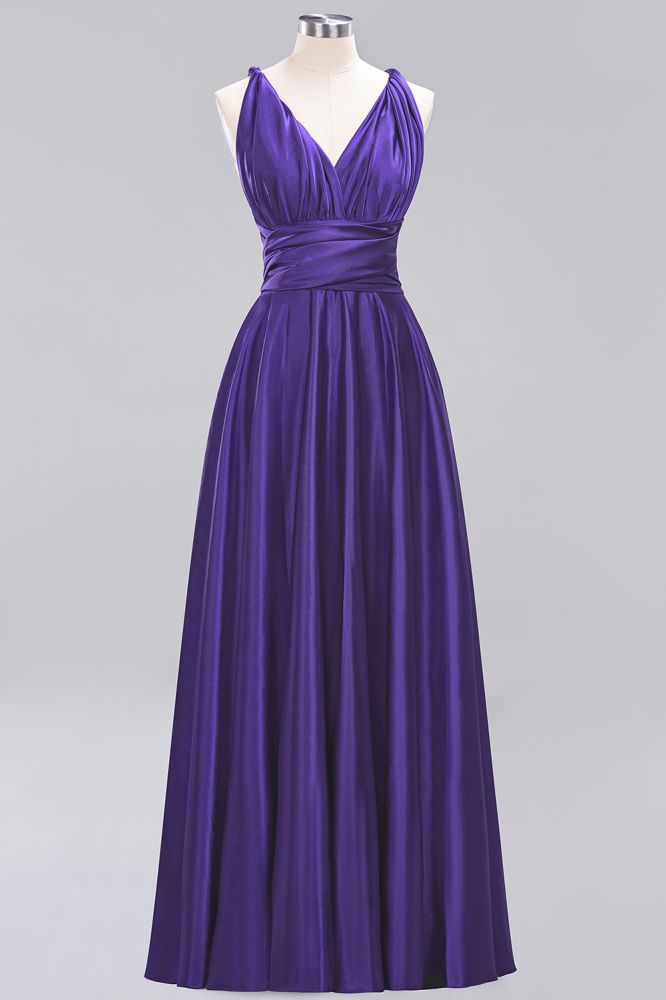 Simple A-Line V-Neck Sleeveless Floor Length Convertible Bridesmaid Dress with Ruffles