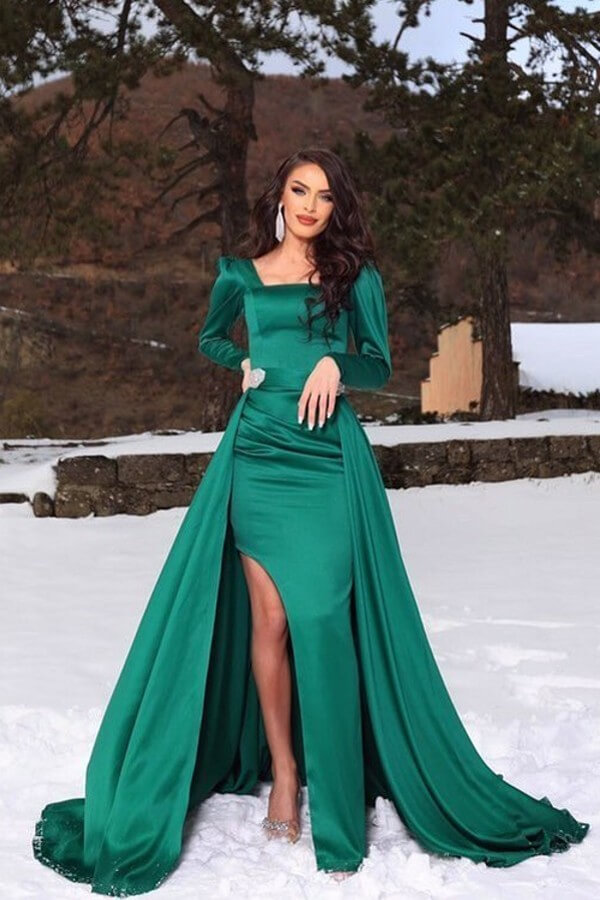 Green Square neck Split Overskirt Prom Dresses