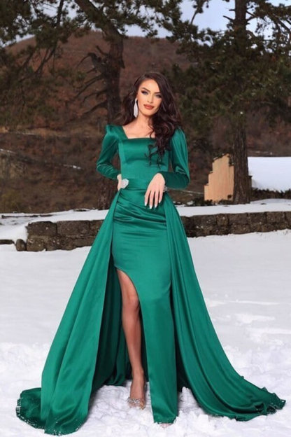 Green Square neck Split Overskirt Prom Dresses