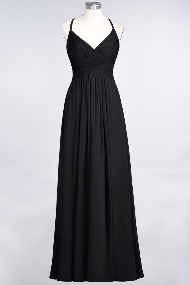 Chiffon A-Line Spaghetti-Straps V-Neck Sleeveless Long Bridesmaid Dress with Ruffles