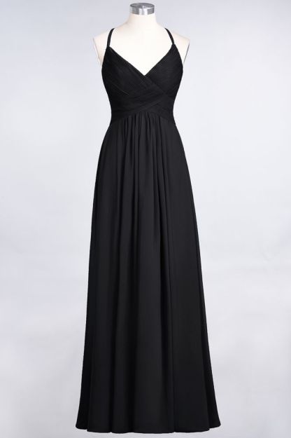 Chiffon A-Line Spaghetti-Straps V-Neck Sleeveless Long Bridesmaid Dress with Ruffles