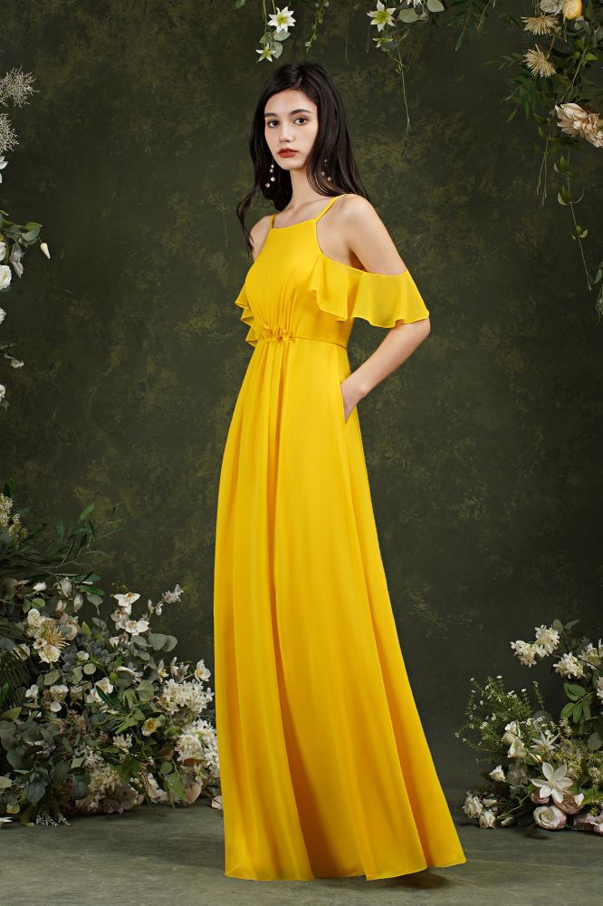Beautiful Yellow Off-the-Shoulder Ruffles A-Line Chiffon Bridesmaid Dress With Pockets