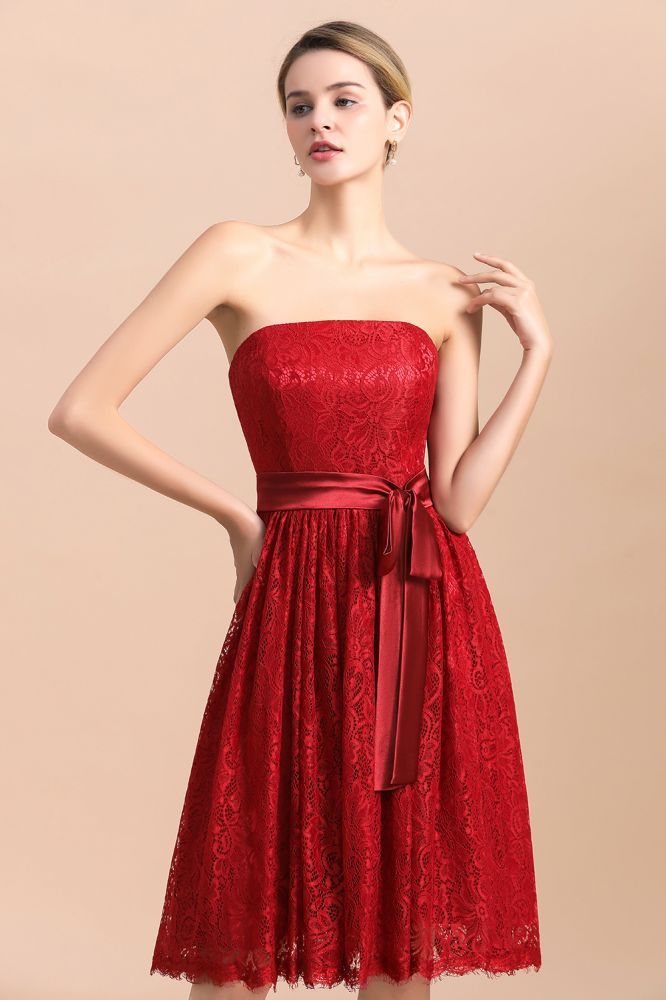 Strapless Red Evening Dress Satin Aline Wedding Guest Dress