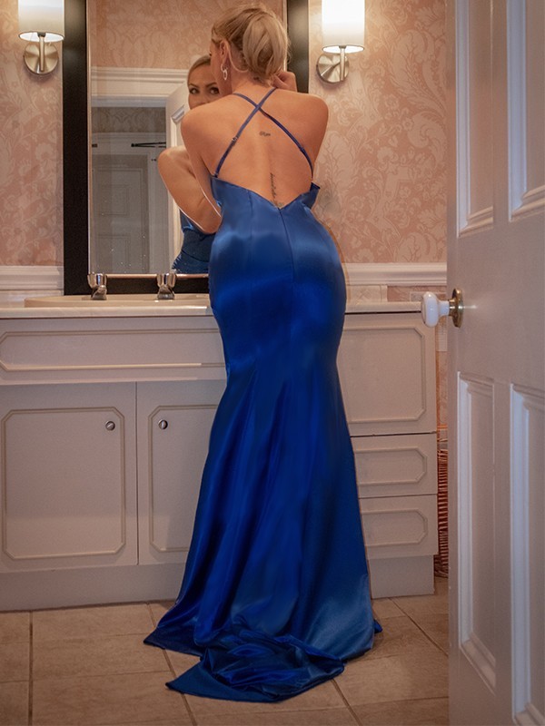 Navy blue halter sparkle sequin mermaid prom dress