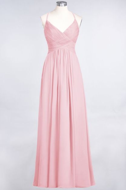 Chiffon A-Line Spaghetti-Straps V-Neck Sleeveless Long Bridesmaid Dress with Ruffles