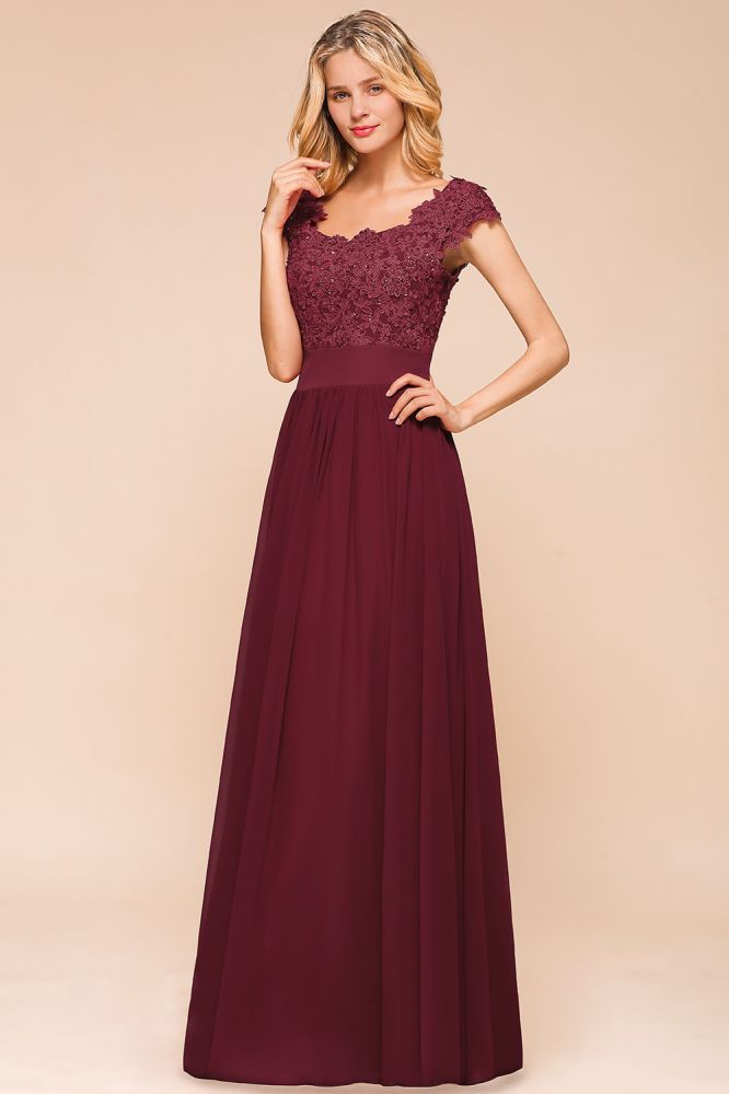 Burgundy Cap sleeves Lace Evening Gowns with Appliques | Chiffon Long Mother of the bride dress