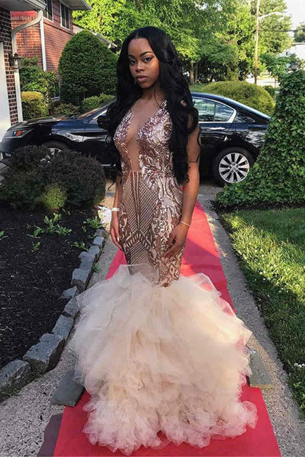 Gold Sleeveless V-neck Appliqued Ruffled Tulle Mermaid Prom Dresses