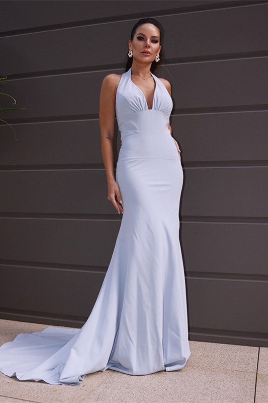 V-neck White Sleeveless Column Prom Dresses