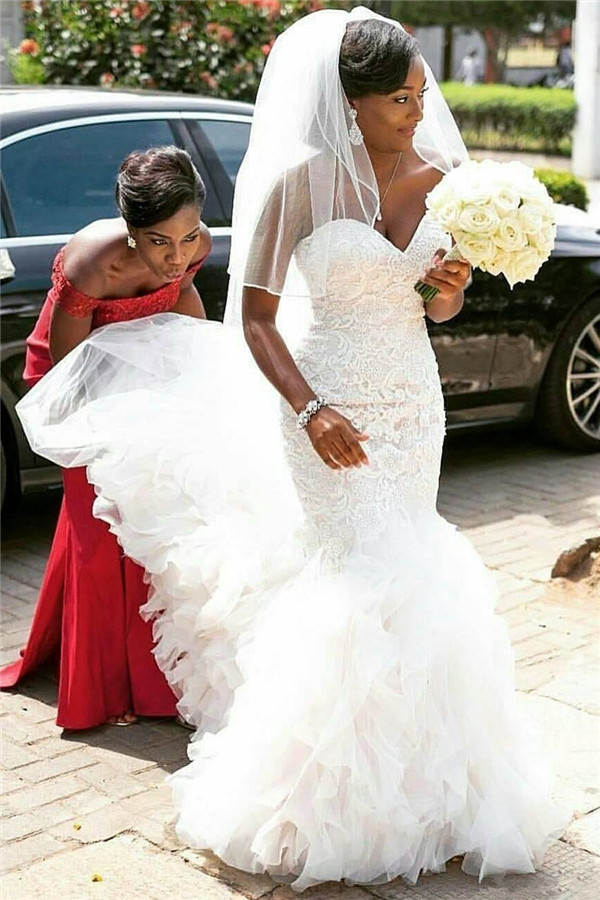 Sweetheart Mermaid Tulle Ruffles Wedding Dresses Online | Lace Wedding Gowns