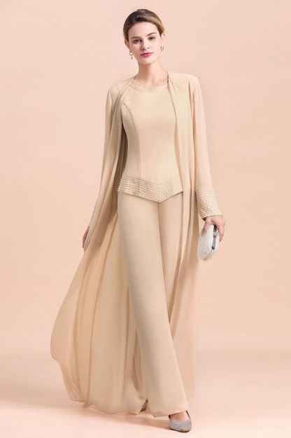 Champagne Long sleeves Jacket Chiffon Mother of the Bride Jumpsuit