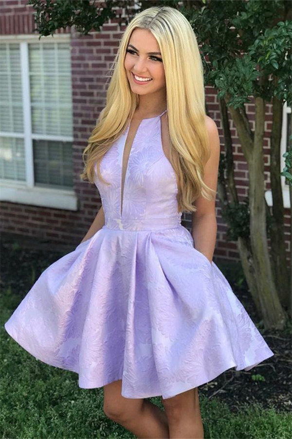 Deep-V-Neck Halter Appliques A-Line Sleeveless Homecoming Dress