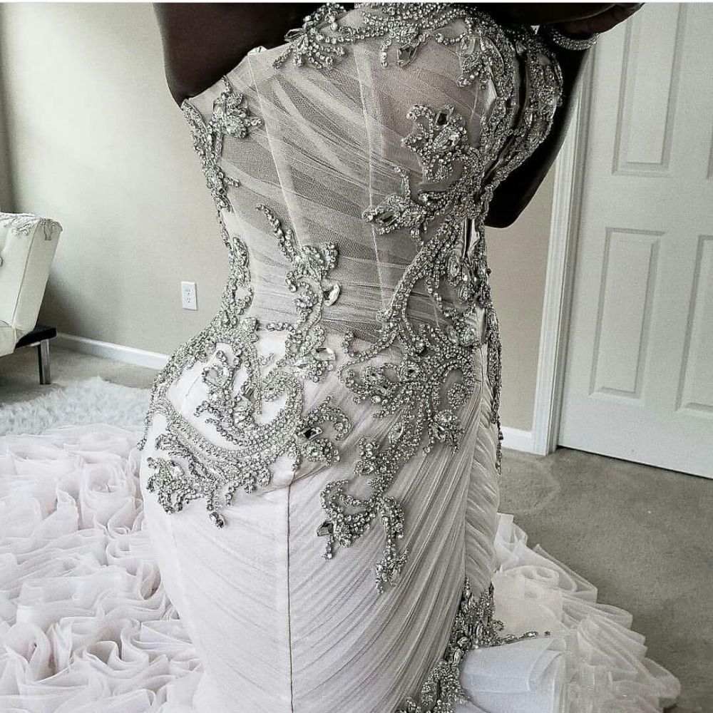 Plus Size Mermaid Crystal Lace Beads Sweetheart Long Train African Custom Made Ruffles Wedding Dresses-Babyonlinewholesale