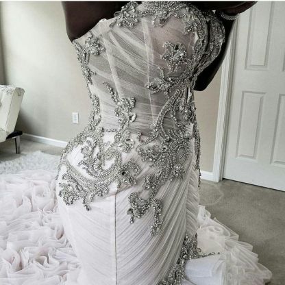 Plus Size Mermaid Crystal Lace Beads Sweetheart Long Train African Custom Made Ruffles Wedding Dresses-Babyonlinewholesale