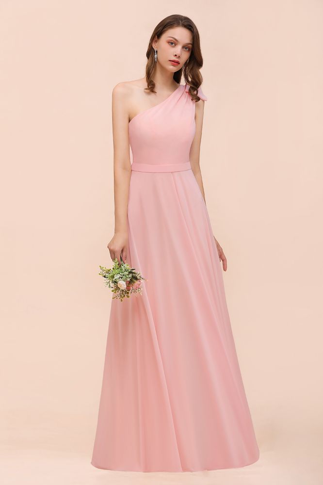 One Shoulder Soft Chiffon Bridesmaid Dress Pink Maid of Honor Dress