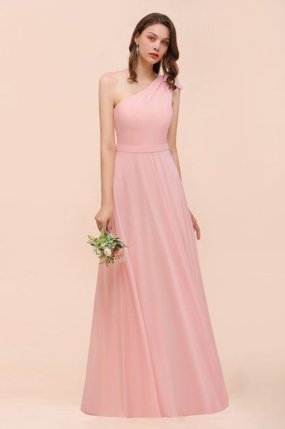 One Shoulder Soft Chiffon Bridesmaid Dress Pink Maid of Honor Dress
