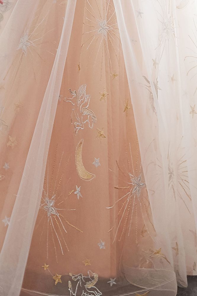 NANETTE | A-line Sleeveless Long Tulle Appliques Champangne Evening Dresses with Sash