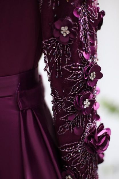 Gorgeous Long Sleeves Satin Mermaid Evening Party Gown 3D Flower Beadings Long Wedding Party Gown with Sweep Train-Babyonlinewholesale