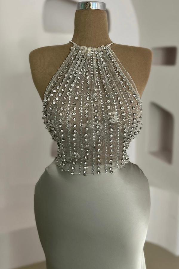 Halter Lace Low back Silver Satin Long Prom Dresses