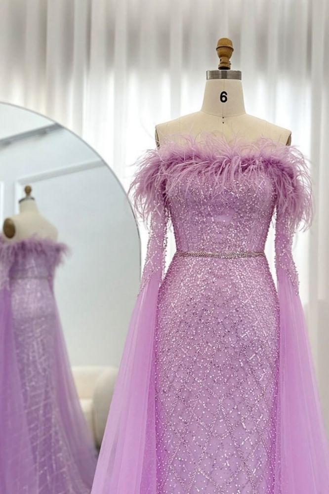Glamorous Glitter Beading Mermaid Evening Gowns Fur Tulle Long Party Dress with Cape Sleeves