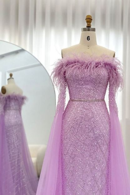 Glamorous Glitter Beading Mermaid Evening Gowns Fur Tulle Long Party Dress with Cape Sleeves