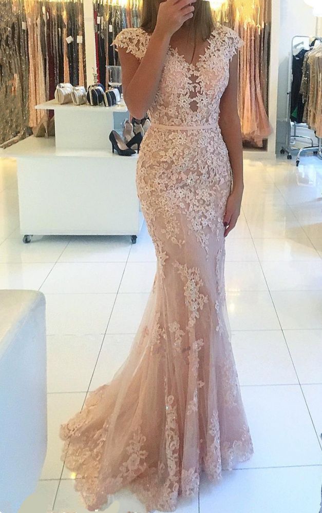 Cap sleeves Lace Mermaid Court Train Prom Dresses