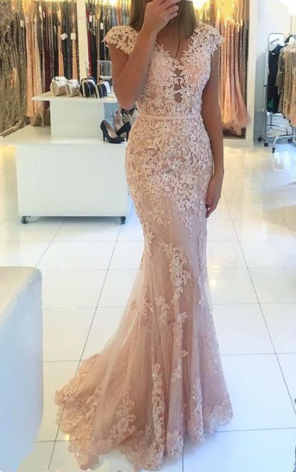 Cap sleeves Lace Mermaid Court Train Prom Dresses