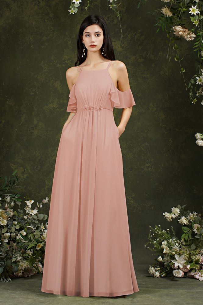Beautiful Yellow Off-the-Shoulder Ruffles A-Line Chiffon Bridesmaid Dress With Pockets