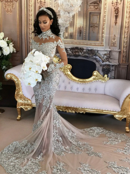 Long Sleeve Silver High Neck Popular Evening Dress Lace Mermaid Luxury Wedding Dresses BH-362
