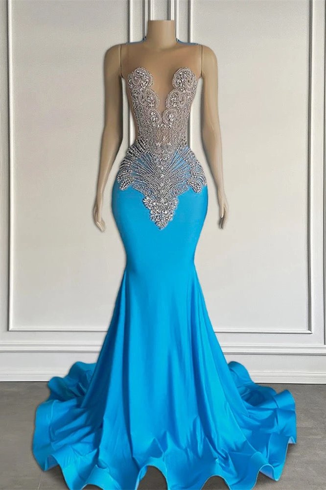 Silver Beaded Blue Satin Mermaid Prom Dresses