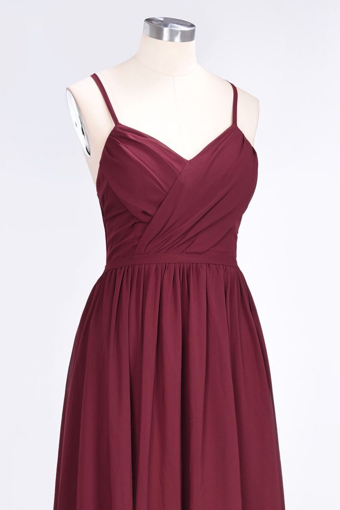 Chiffon A-Line Spaghetti-Straps V-Neck Sleeveless Long Bridesmaid Dress with Ruffles