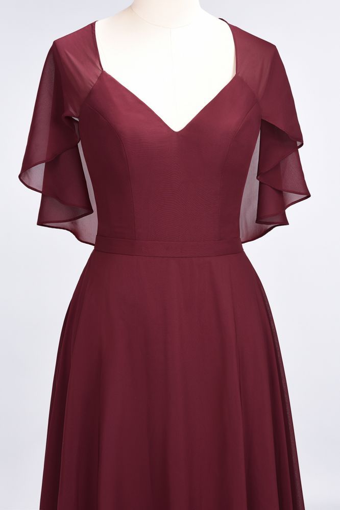 Chiffon Satin A-Line V-Neck short-sleeves Long Bridesmaid Dress