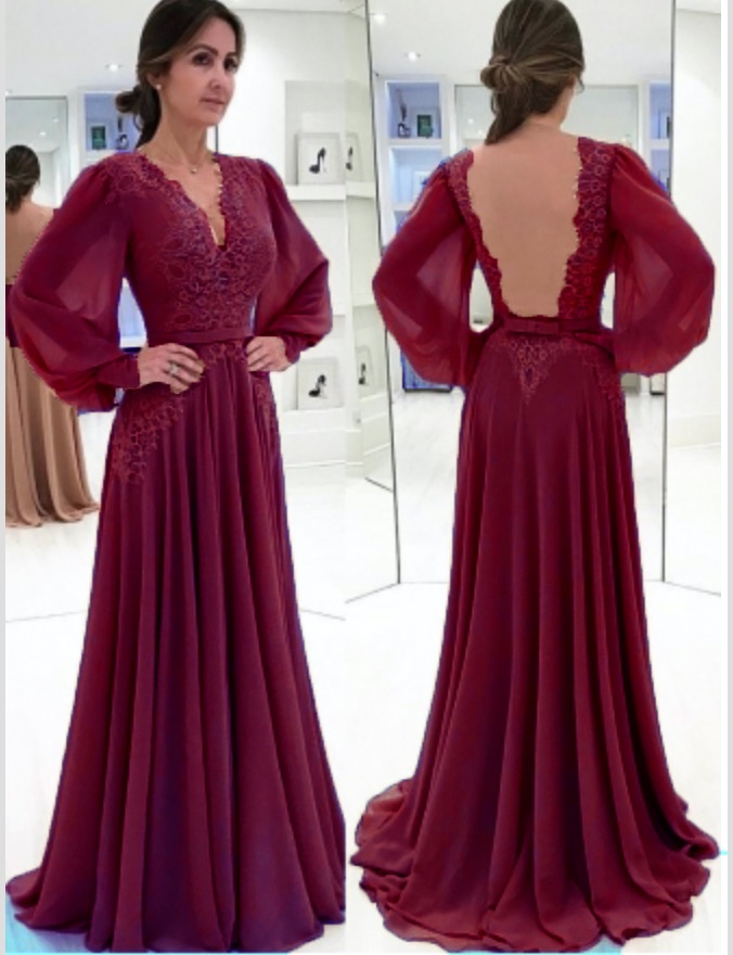 Elegant Champagne Puffy Sleeves Mother of the bride Dress | V-Neck Chiffon A-line Evening Gowns