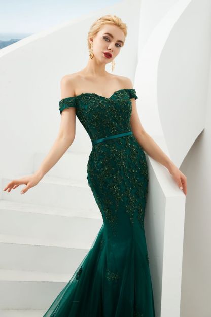 Harvey | Emerald green Mermaid Tulle Prom dress with Beaded Lace Appliques