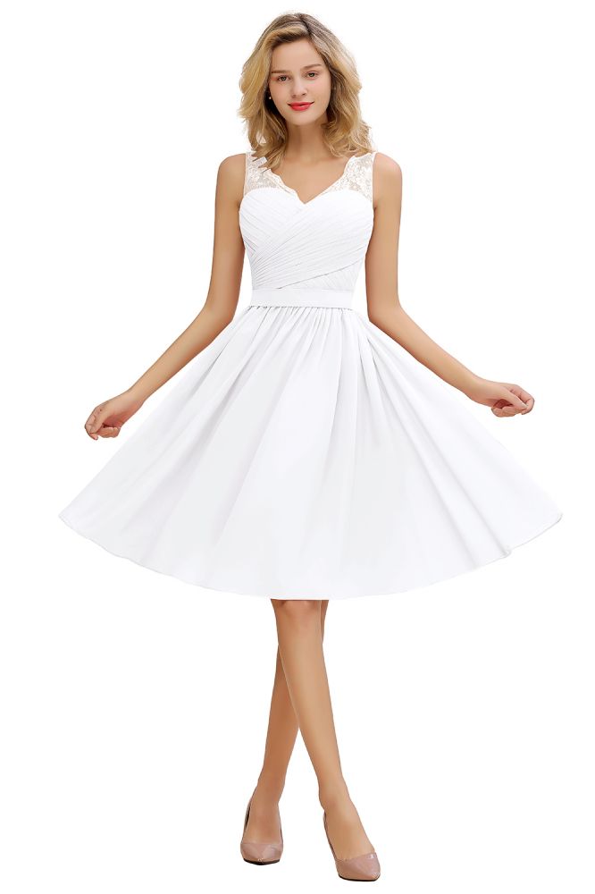 Lace V-neck Long Short Homecoming Dresses with Belt | Sexy Sleeveless V-back Pink Knee length Cocktail Dress-Babyonlinewholesale