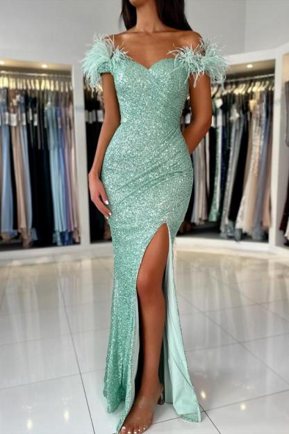 Off the shoulder light green split front simple prom dress