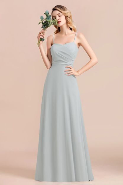 Spaghetti Straps Sweetheart Wedding Guest Dress Silver Chiffon Formal Dress