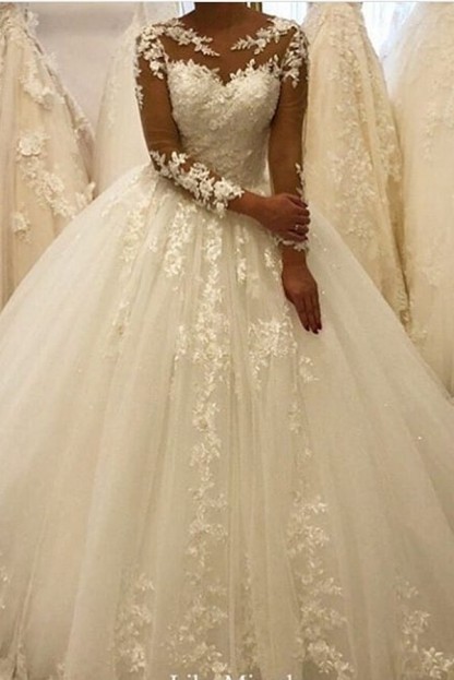 Tulle Lace Wedding Gowns Long Sleeves Floral Bridal Dress