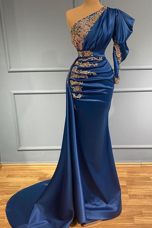 Beaded One shoulder Ink Blue Satin Long Prom Dresses