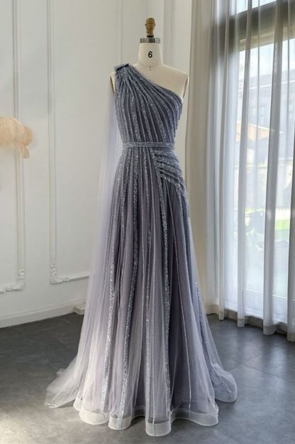 Luxury One Shoulder Shinny Beadings Long Evening Dresses with Sequins Dubai Formal Dress for Wedding Party-Babyonlinewholesale