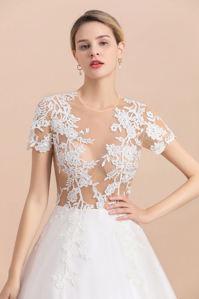 Elegant White Short Sleeves Ball Gown Buttons Lace Applique Wedding Dress
