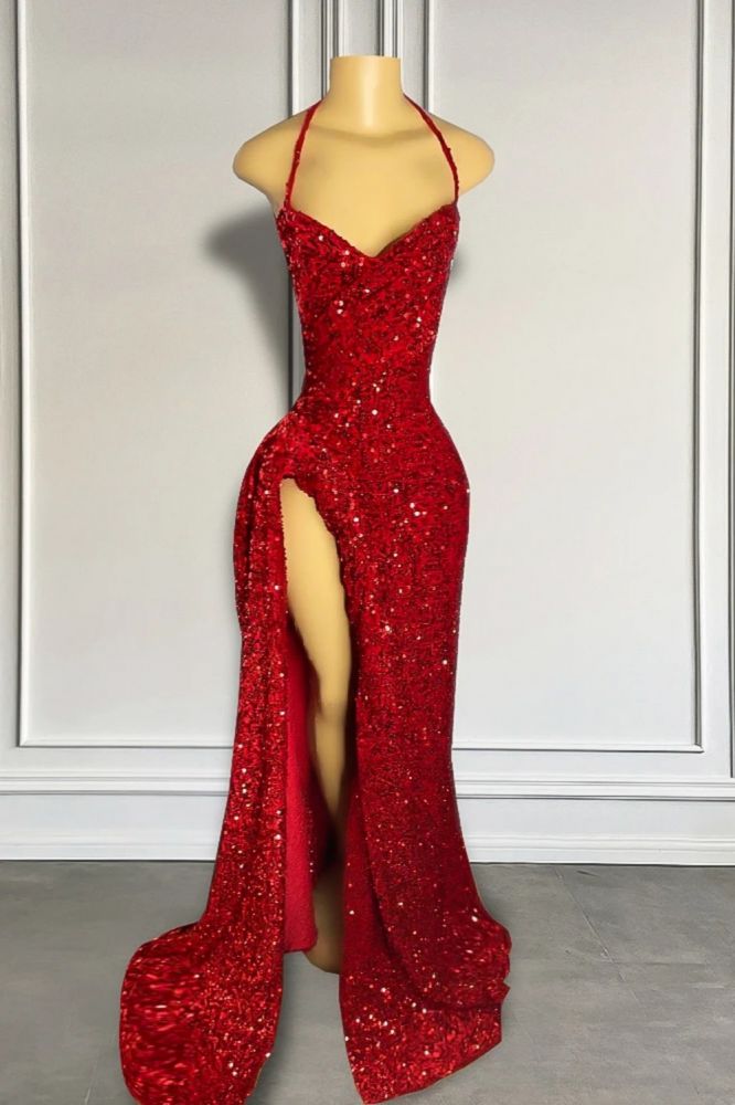 Burgundy High Split Halter Court Train Prom Dresses