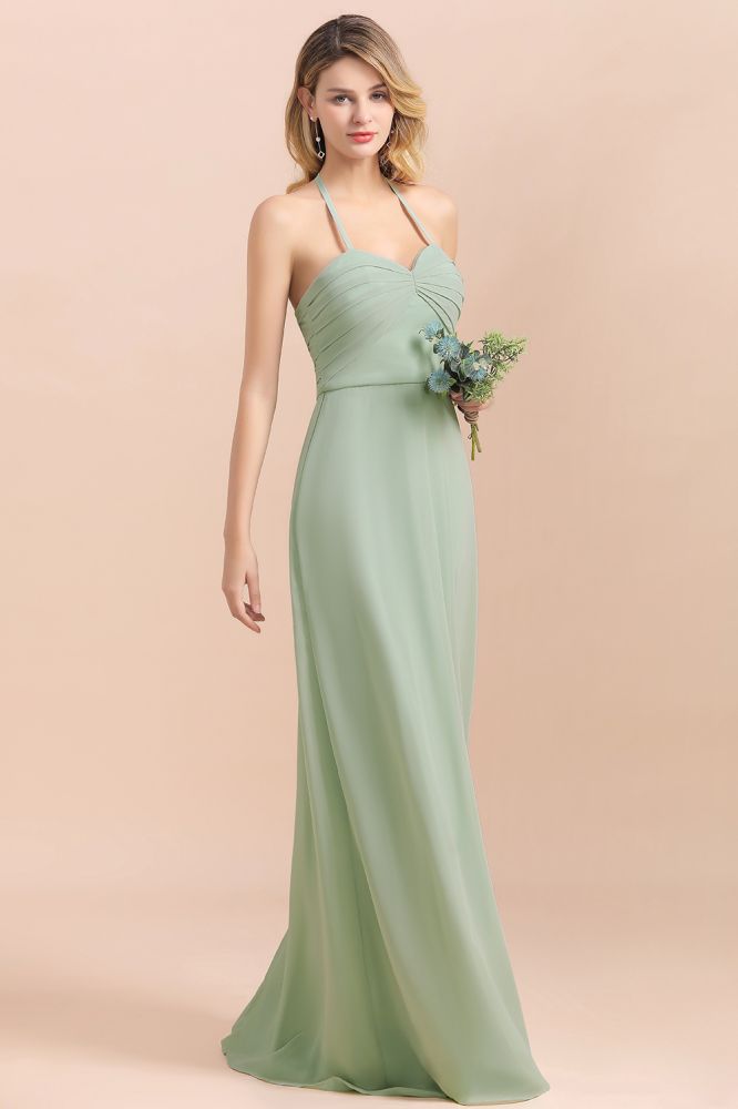Chic halter Sage Color Aline Bridesmaid Dress Sweetheart Chiffon Long Wedding Guest Dress