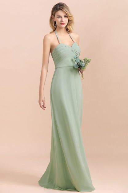 Chic halter Sage Color Aline Bridesmaid Dress Sweetheart Chiffon Long Wedding Guest Dress