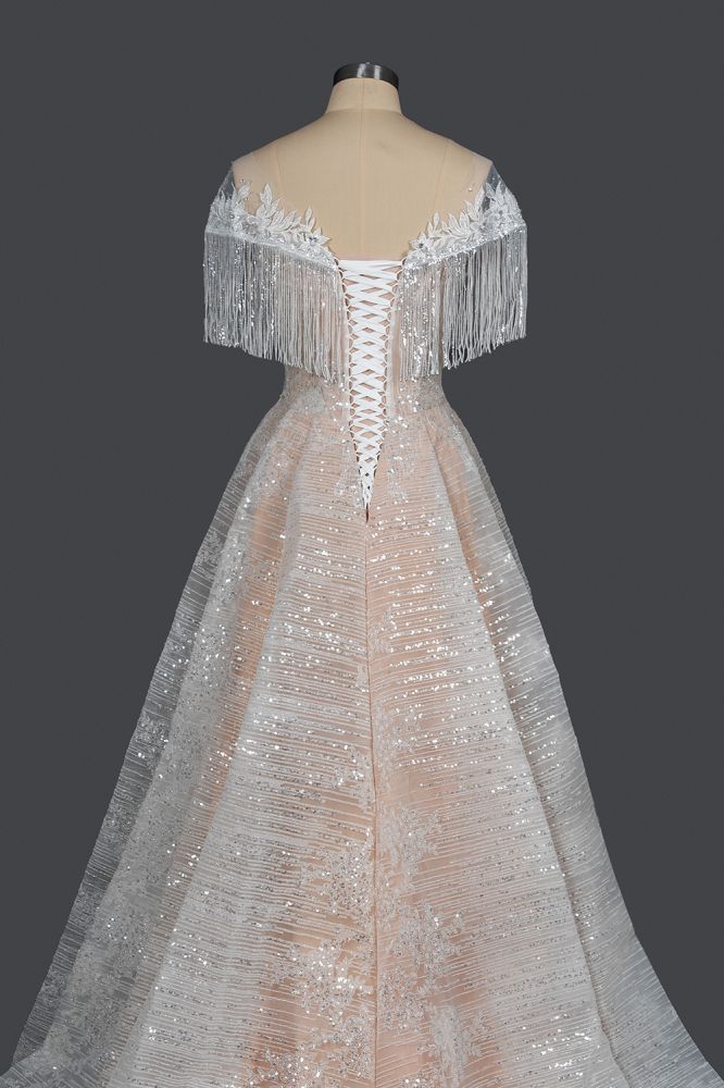 Short sleeves Ball gown white wedding dress with flowers