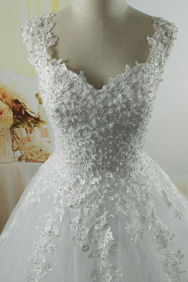 Cap sleeves White Puffy Ball Gown Wedding Dresses