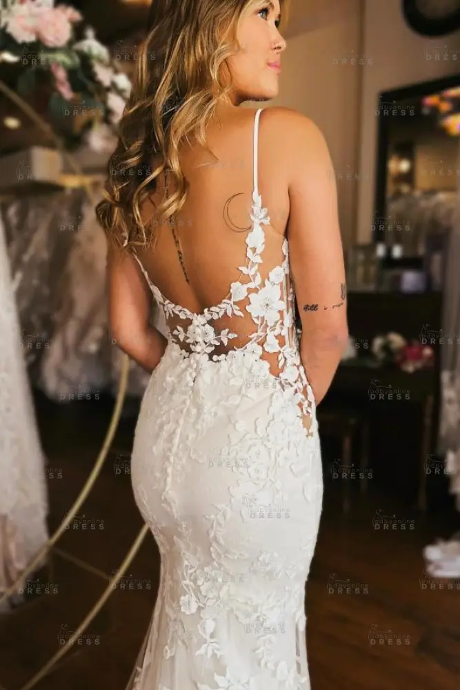 V-neck Lace Mermaid White Elegent Wedding Dresses