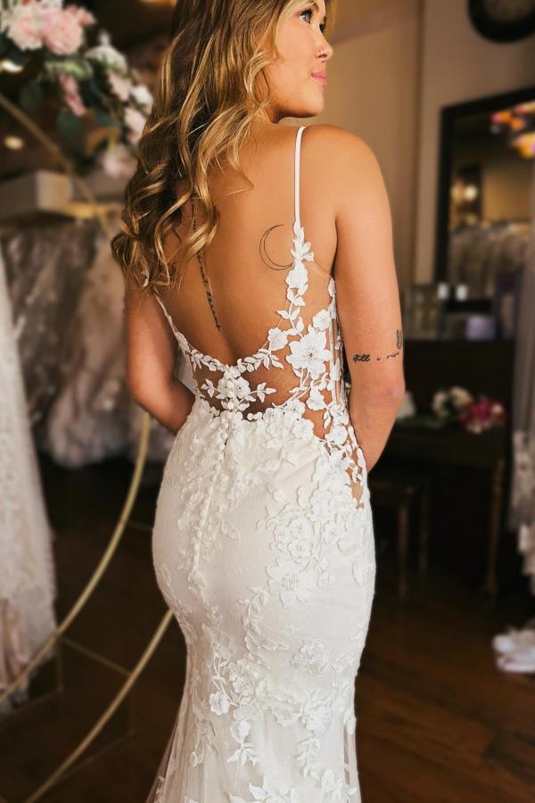 V-neck Lace Mermaid White Elegent Wedding Dresses