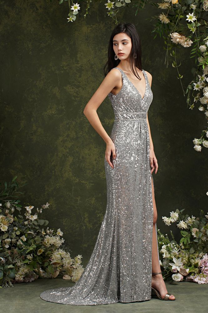 Sparkly Straps V Neck Mermaid Long Prom Dress With Sequins