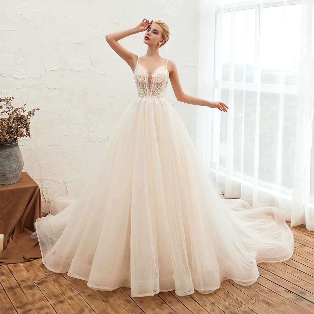 Boho Spaghetti Straps Ivory Ball Gown Wedding Dress | Romantic Bridal Gowns for Sale
