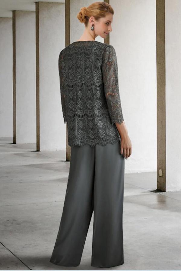 Elegant illusion Lace Two Piece Silver Mother of the Bride Dress Wedding party Wear Dress